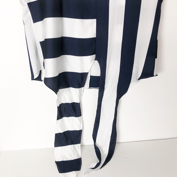 Silky tie front top striped blouse blue & white - Picture 3 of 7